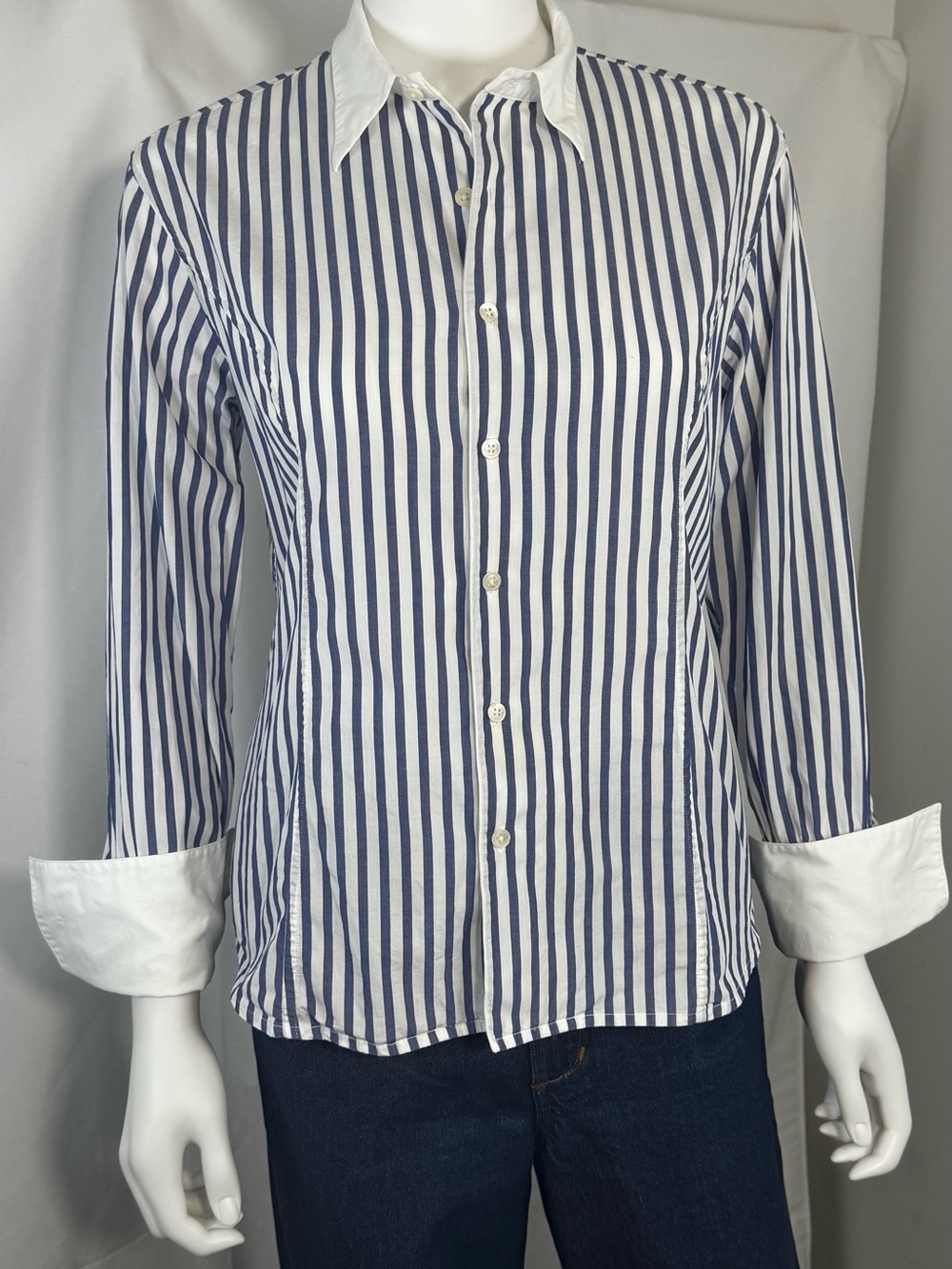 Lauren Ralph Lauren Blue Striped Contrast Collar French Cuff Shirt Size 8